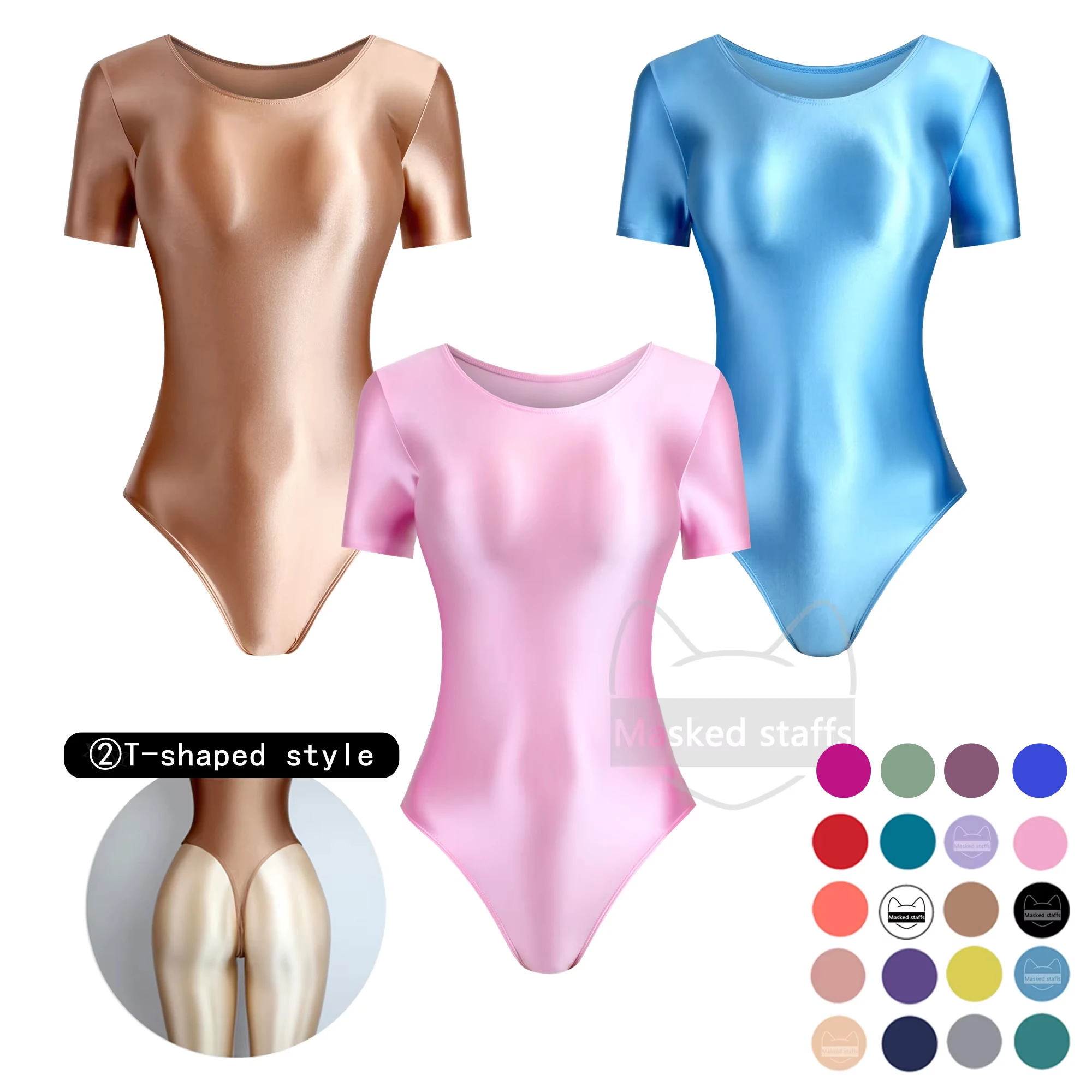 New Sexy Silky glossy High fork One-piece swimsuit short sleeve Tights Oily Rompers Bodysuit Crew neck top with T-back bottoming