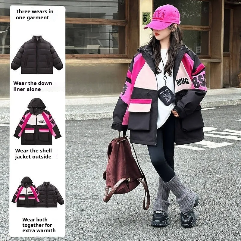 Girls' 3-in-1 Down Jacket Children's 2025 Autumn/Winter Girls' Quilted Outdoor Wear 120-170cm