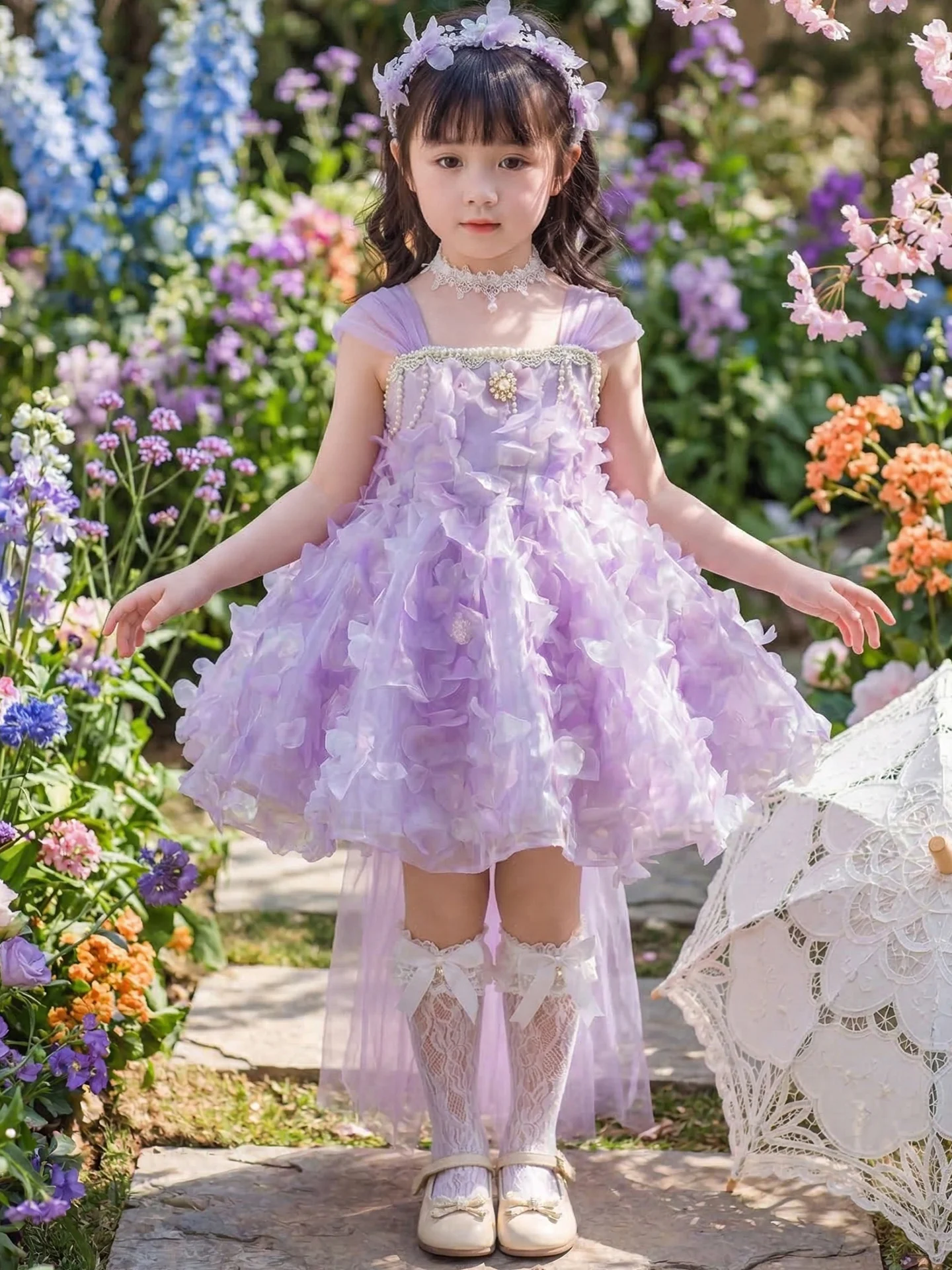 Saia Princesa Lolita para Meninas com Bordado Pesado, Vestido de Aniversário Roxo Glicínia, Saia Rodada, Roupa Infantil para ...