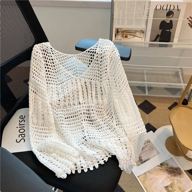 Hollow Out Knitted Shirt For Women Long Sleeved Thin Loose Pullover Tops Spring Summer Sunscreen Smocks Beach Style Tee