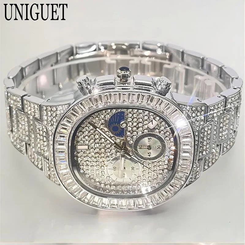 Fashion Ice Watches Men Brand UNIGUET Luxury Stainless Steel Hip Hop Full Diamond Bling Jewelry Quartz Wristwatch Man Hot Sell