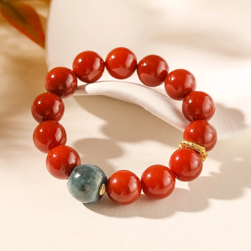 Authentic Baoshan Nanjiang Carnelian Bracelet Pure Natural Persimmon Red round Beads Handheld