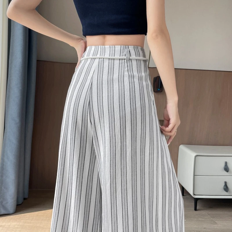 Ice Silk Cotton Linen Striped Wide Leg Pants for Women Summer Lazy Style Straight Leg Casual Trousers Women Sun Protection Pants