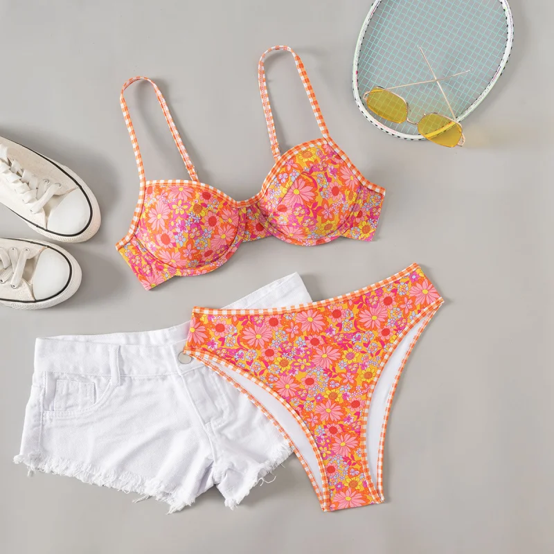 

New women's swimsuit, vintage floral print two-piece bikini, small bust push-up, sexy vacation swimsuit for women