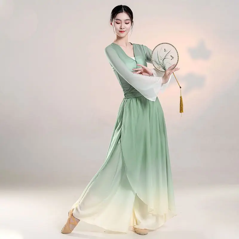 

Classical Dance Elegant Body Rhyme Performance Costume Chinese Practice Gradient Gauze Elastic Top Dance Skirt Pants Set