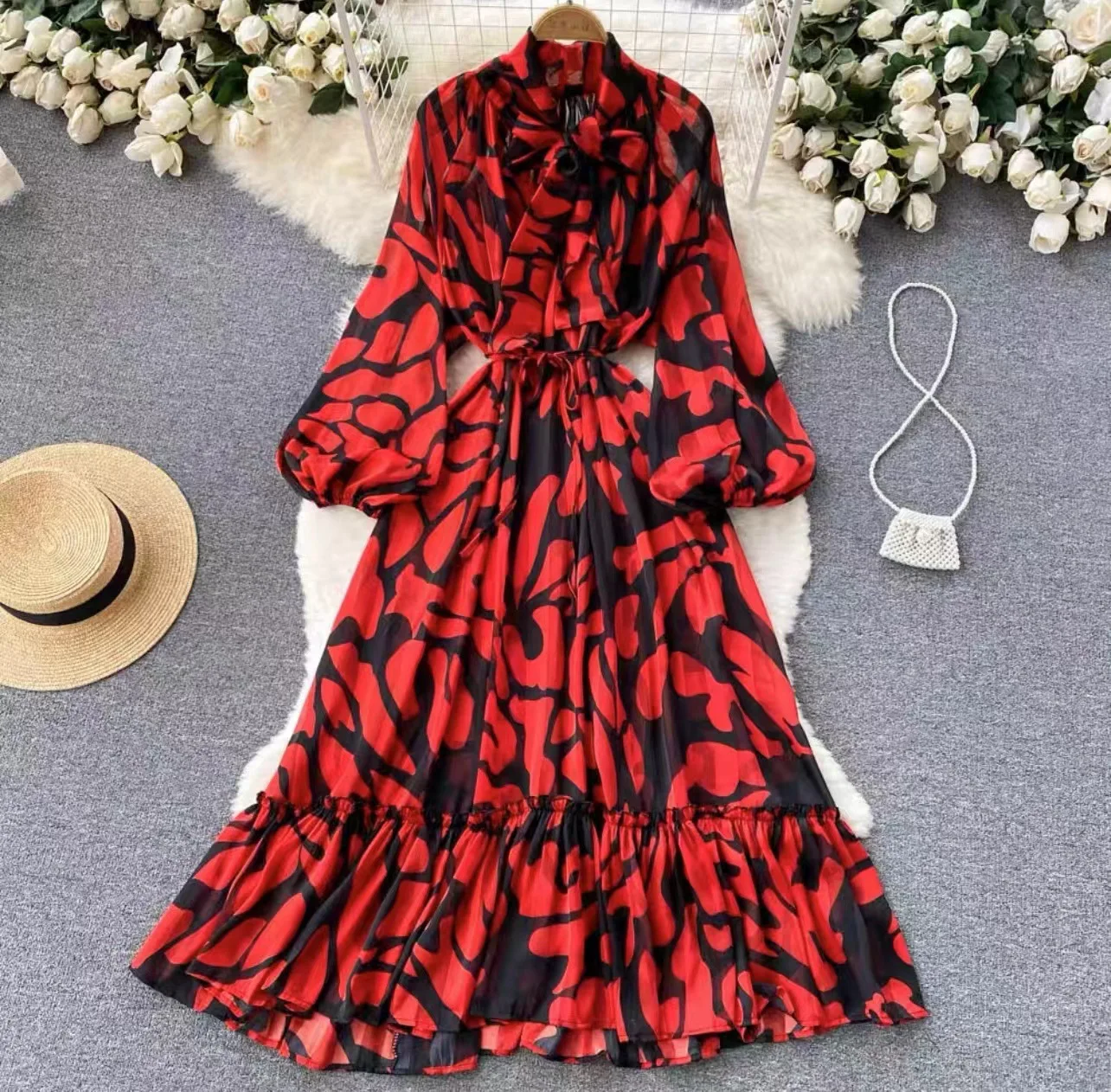 Ruffles Lantern Sleeve Print Women Dress Ankle Length Dresses Spliced O Neck Loose Fit Casual Pullover Vestidos 2024 Bow