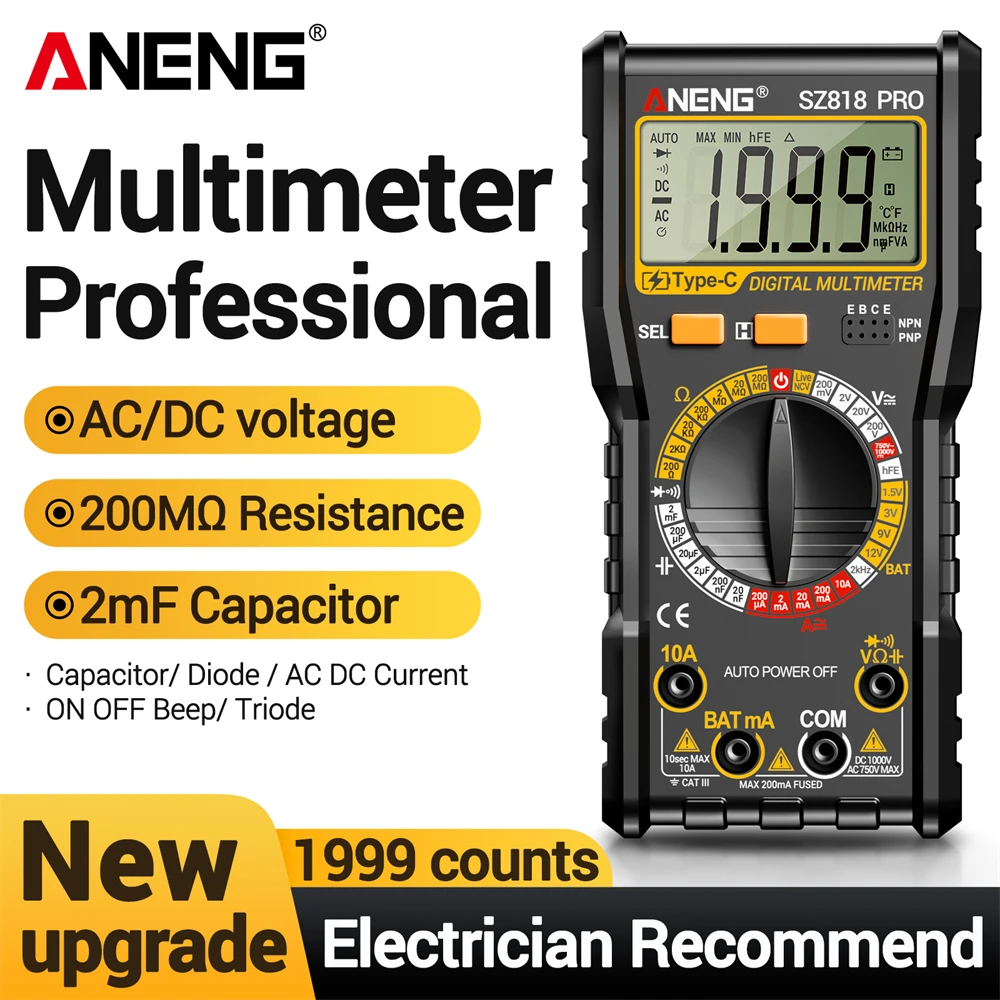 ANENG Digital Multimeters Rechargeable SZ818  Professional AC/DC Voltage NCV  Ammeter Voltmeter hFE triode Capacitor Test Tools