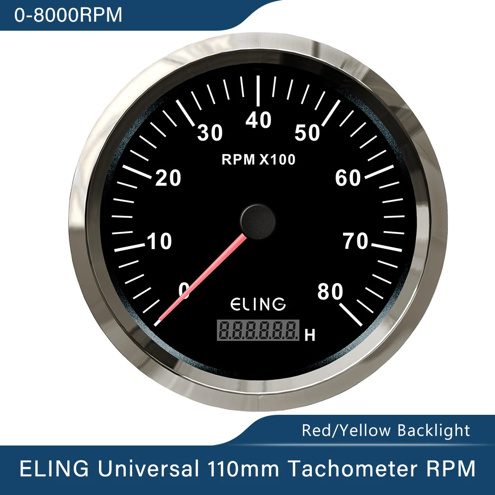 

ELING Newest Waterproof 110mm Tachometer 0-8000RPM for Car Truck Boat Tach Gauge with HourMeter With Red Yellow Backlight 12V24V