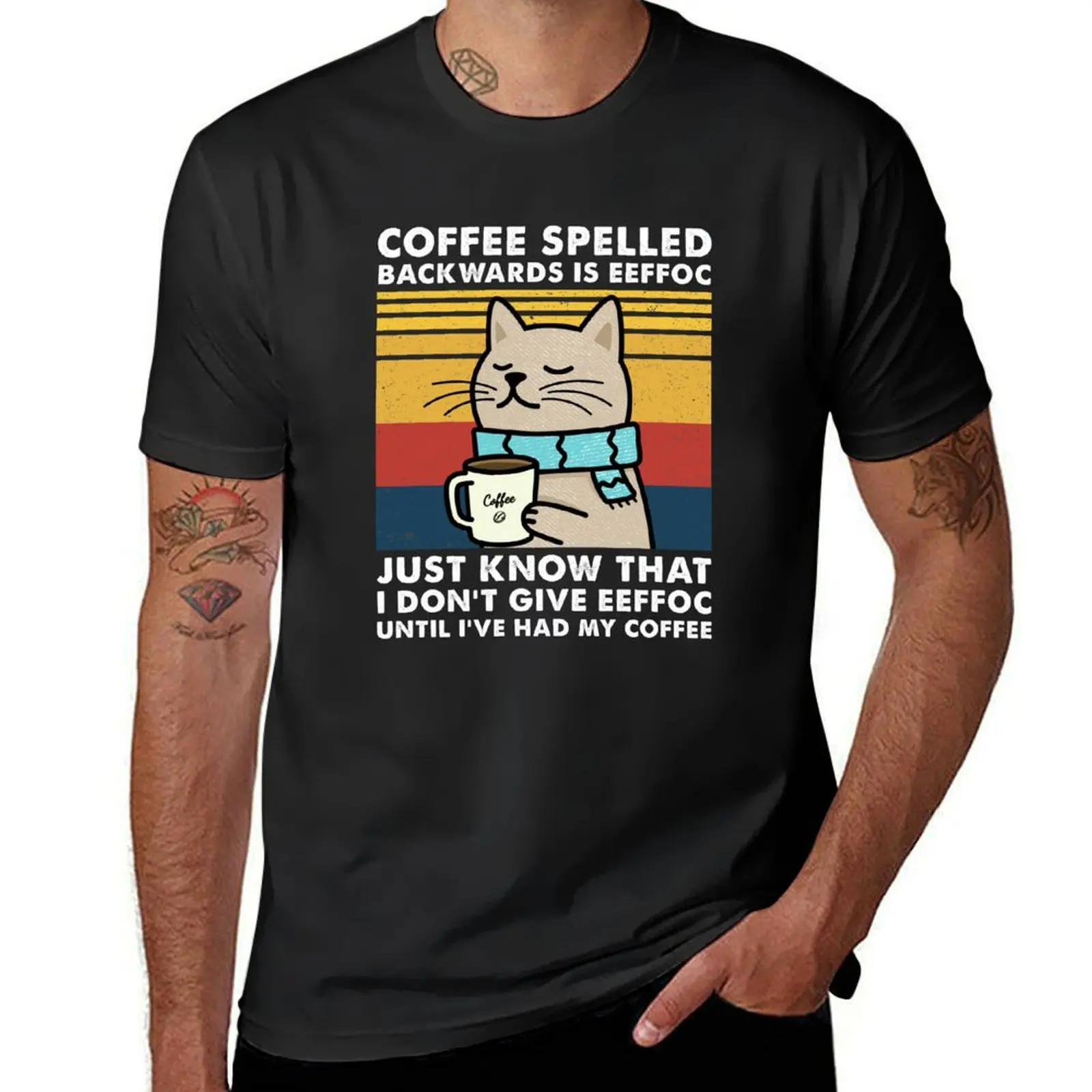 

Coffee Spelled Backwards Is Eeffoc Cat Drinking T-Shirt Aesthetic clothing summer shirt boys whites clothing for men
