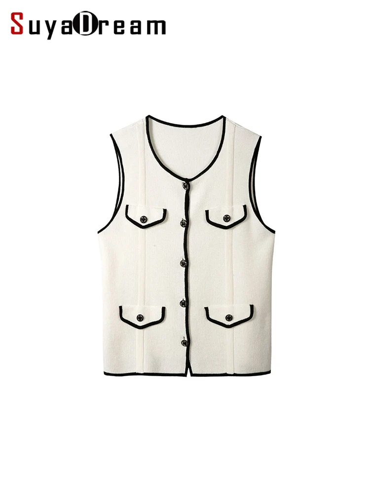 SuyaDream, Elegant Cardigans For Woman, 46.7%Wool, Round Neck Sleeveless Sweaters, 2024 Fall Winter Tanks, White, Black