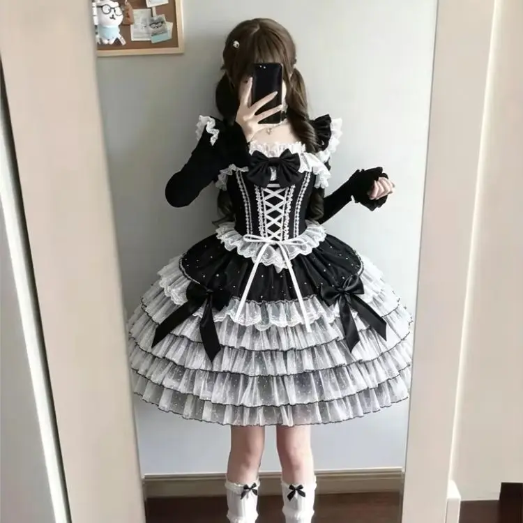 Süßes Kawaii Lolita JSK Ärmelloses A-Linien-Kleid mit Kontrastfarben-Spitzenriemen, Liebliches Outfit für Mädchen, Urlaubsparty, Cosplay-Kleid