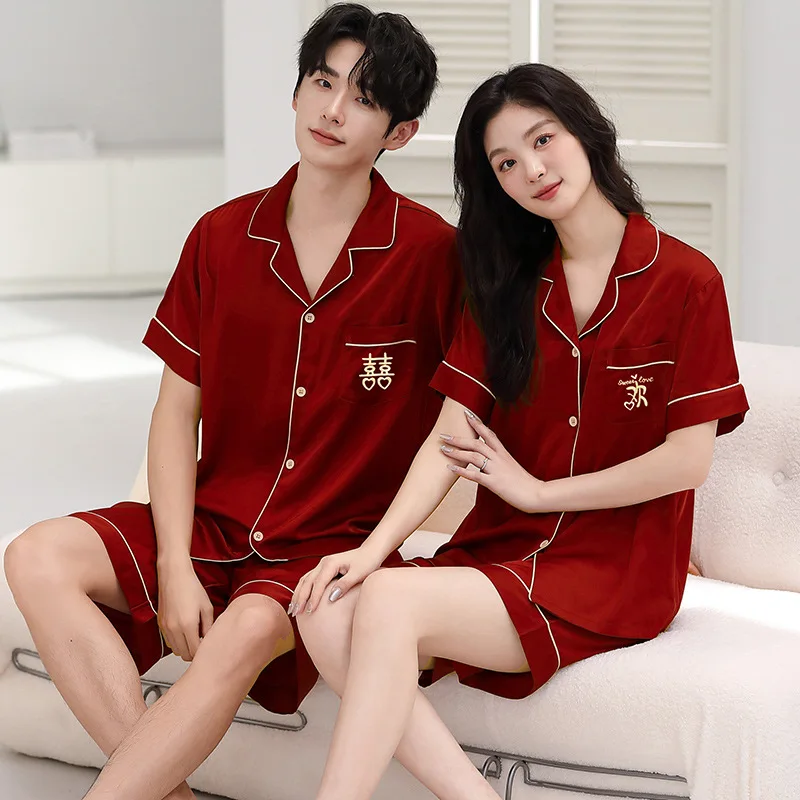 

Свадебная ночная рубашка из красного ледяного шелка для влюбленных, кардиган 2024, летняя домашняя одежда для женщин и мужчин, одинаковые шорты с короткими рукавами, домашняя одежда