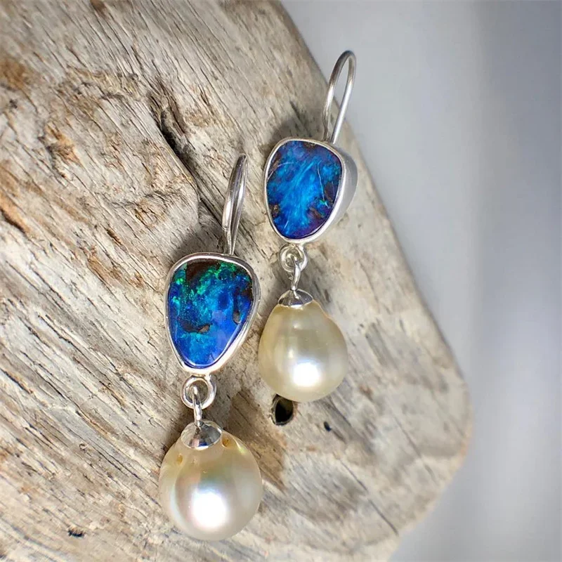 Vintage Blue Color Ocean Blue Opal Pearl Personality Inlay Stone Drop Dangle Earrings For Women Party Birthday Custom Jewelry