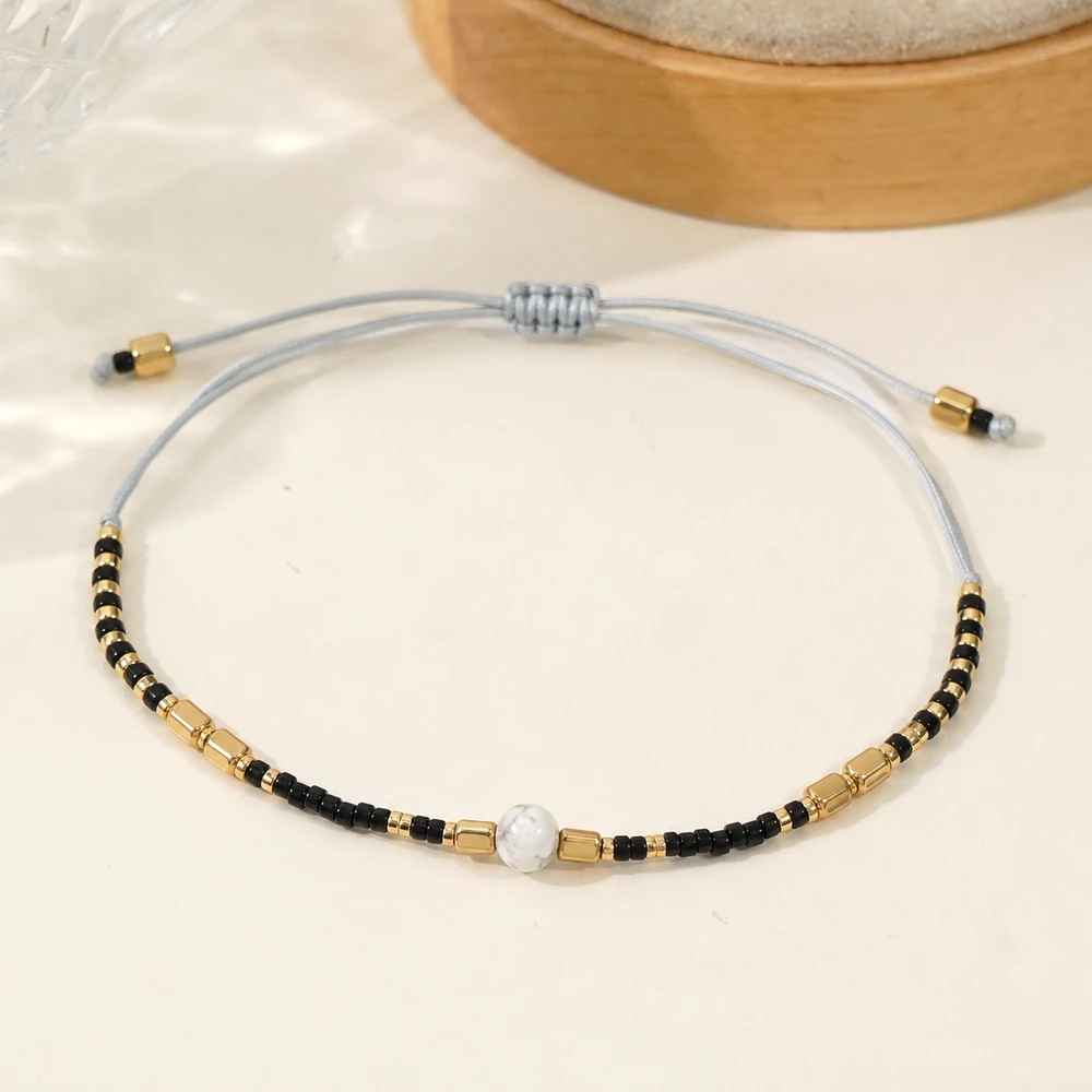 1pc Adjustable Round Stone Beaded Strand Bracelet Black and Gold Tone Trendy Lace-Up Closure Unisex Jewelry 28cm