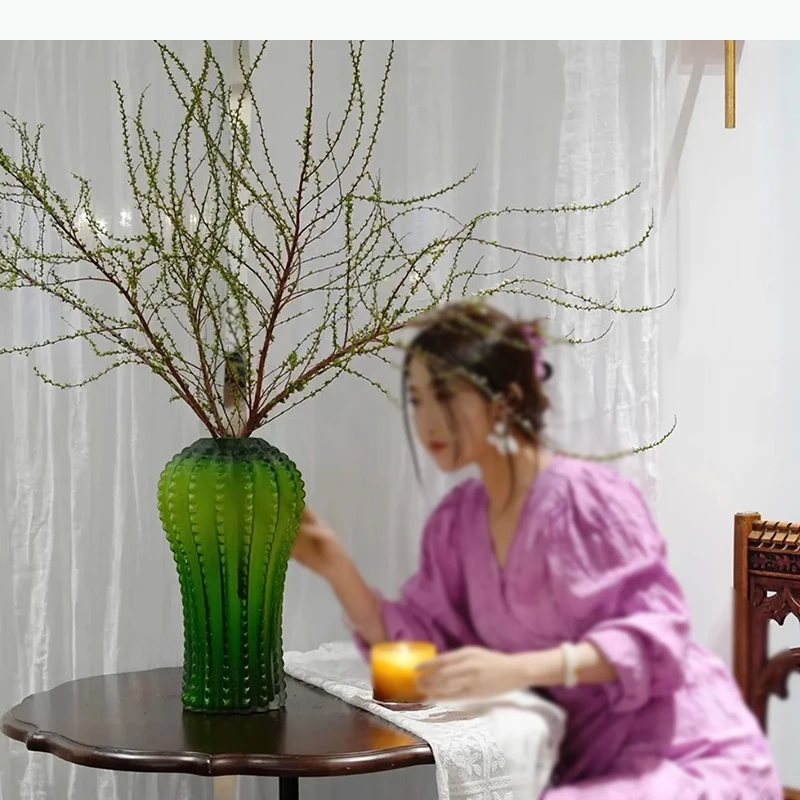 Green Cactus Frosted Glass Vase Table Decoration Flower Arrangement Artificial Flowers Vases Room