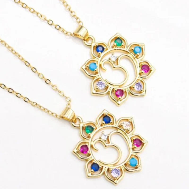 

Tibetan Buddhism Om Plant Lotus Flower Pendant Necklace Colorful Zircon Petals Symbol of Purity Religious Necklace Gifts