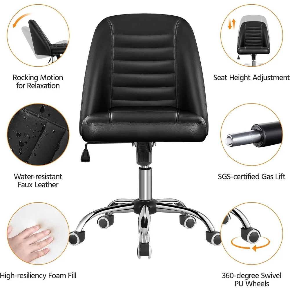PU Leather Armless Office Chair, Mid Back Desk Chair,Computer Task Chair, Modern Vanity Chairs