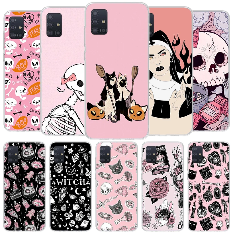 Pink Cat Skull Sorceress Witch Cover Phone Case For Samsung A51 A41 A31 A21S A71 A50S A40 A30S A20E A10S A6 A7 A8 A9 Plus Soft F