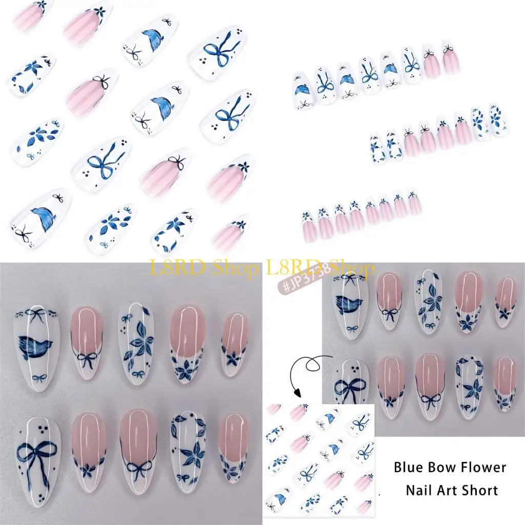 

L8RD 24X Blue Flowers Plate на ногте короткий миндальный фальшивый фальшивый фальшивый фальшивый фронтальный наконечник на ногте