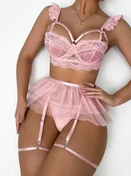 Sexy Lingerie Fancy Lace Eroticу Set Woman 3 Pieces Transparent Women's Underwear Embroidery Erotic Beautiful Bra And Panty Sets