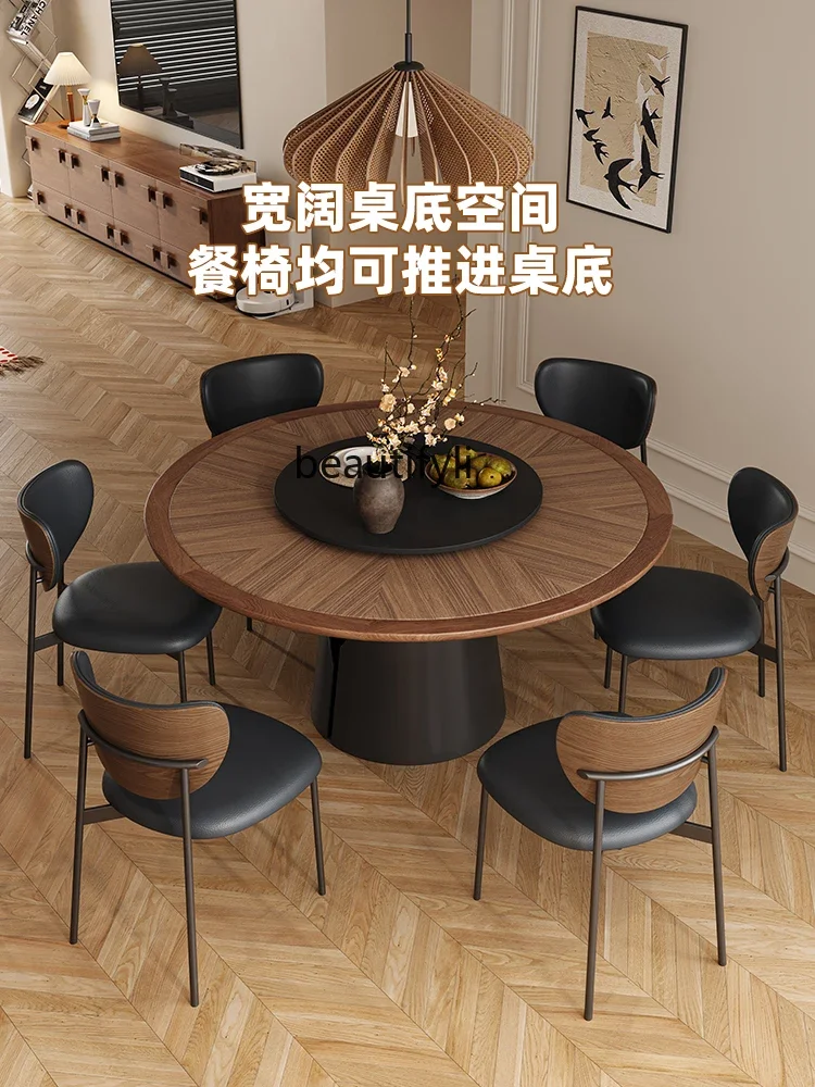 Medieval solid wood texture round rock slab dining table French retro cream household high-end dining table with turntable