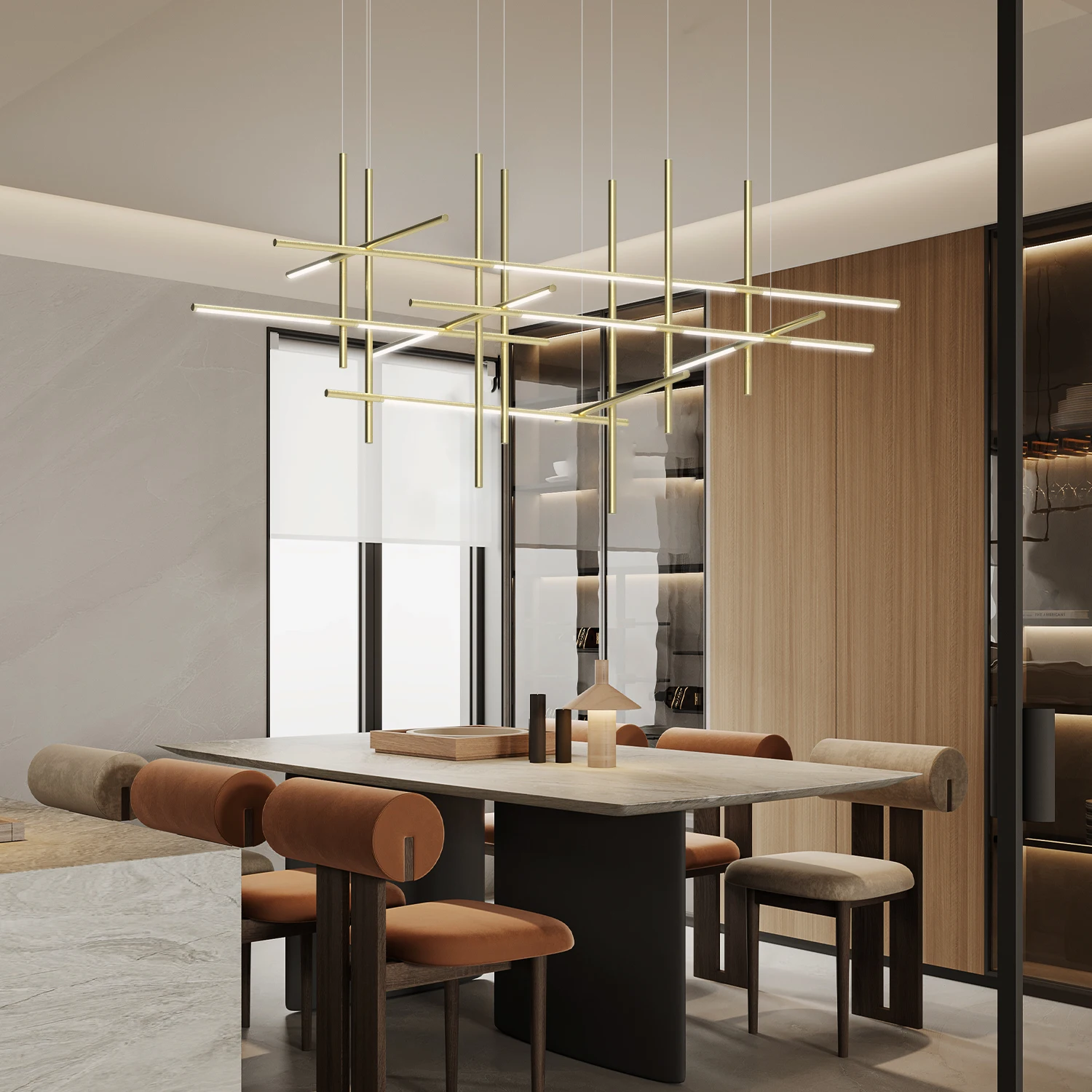 

Italian Linear Tube Gold Pendant Lights High Ceiling Staircase Lights Designer Modern LED Chandelier Dining Room Bar Restaurant