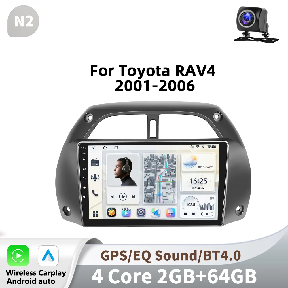 Podofo draadloze CarPlay voor Apple Android Auto autoradio voor Toyota RAV4 2001-2006 2din GPS multimedia touchscreen - afbeelding 1