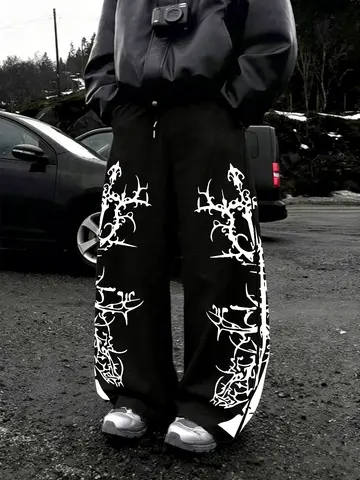 Men Y2K Dark Metal Gothic Streetwear Baggy Sweatpants, Dual-LegVerticalWhiteTribalThornBarbedWireDendriticGraphicPrintDrawstring