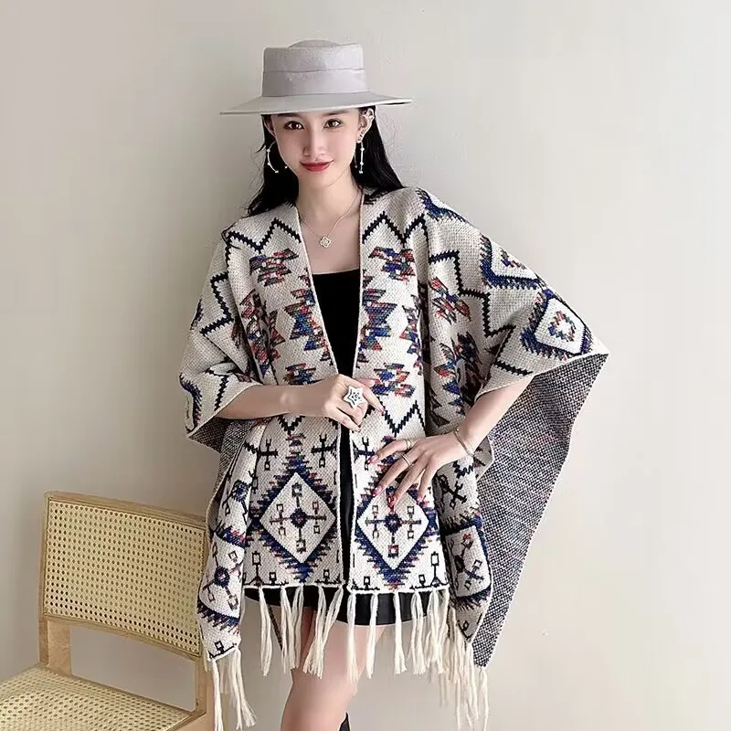 

New Indian Nepalese Style Geometric Tassel Split Women Shawl Warm Air Conditioning Room Lady Cloak Poncho Capes Beige