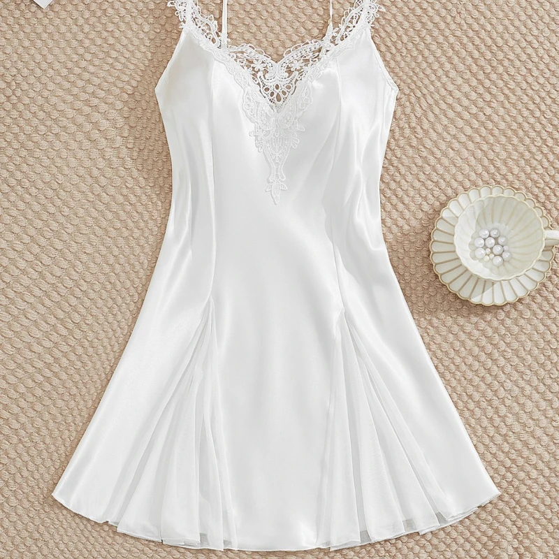 

2026 Summer New Hot Selling Thin Shoulder Strap V-neck Lace Patchwork Imitation Silk Sexy Home Skirt for Women