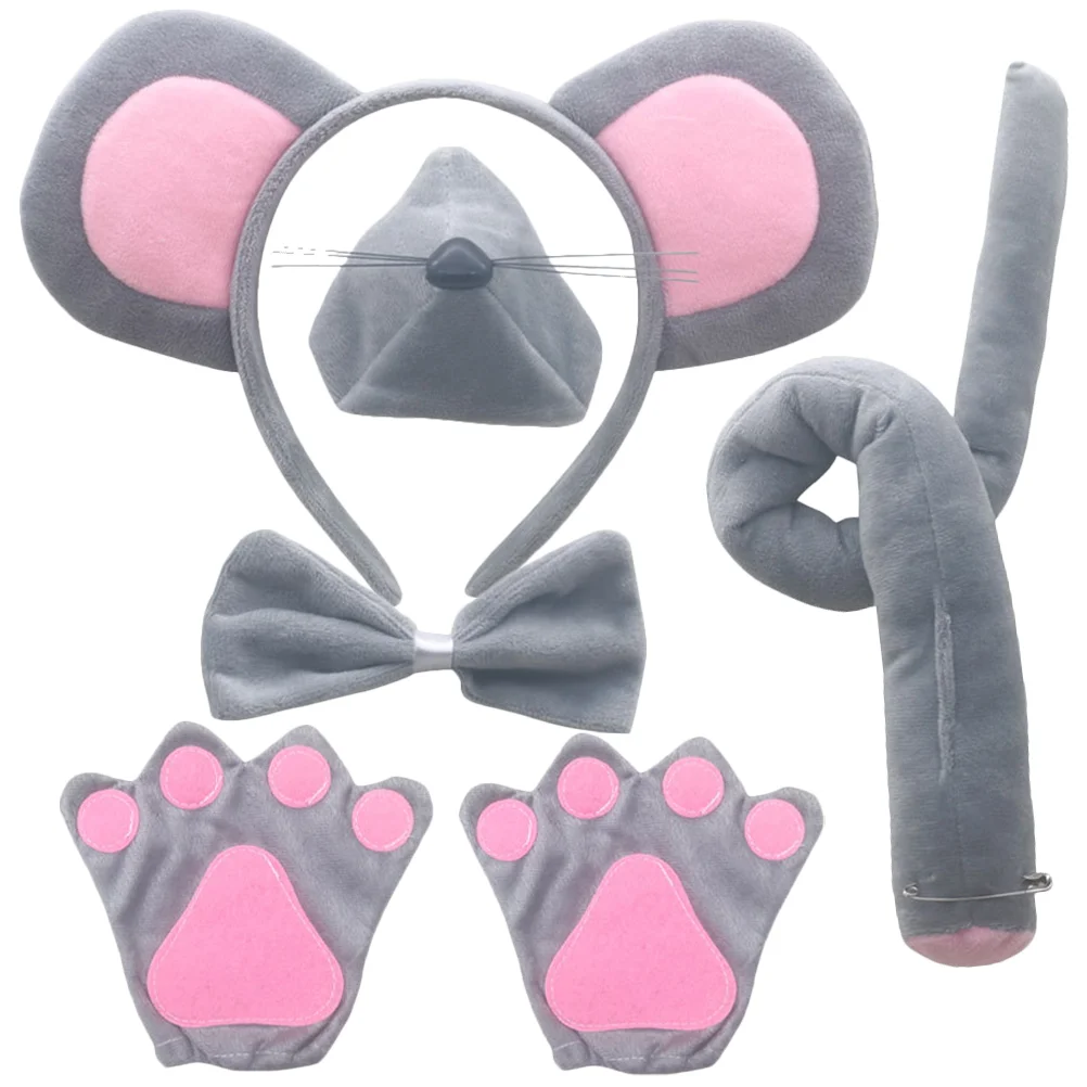 

Mouse Ear and Tails Cartoon Headband Stuffed Animal Rat Costume Party Favors Grey Fabric Ears Child