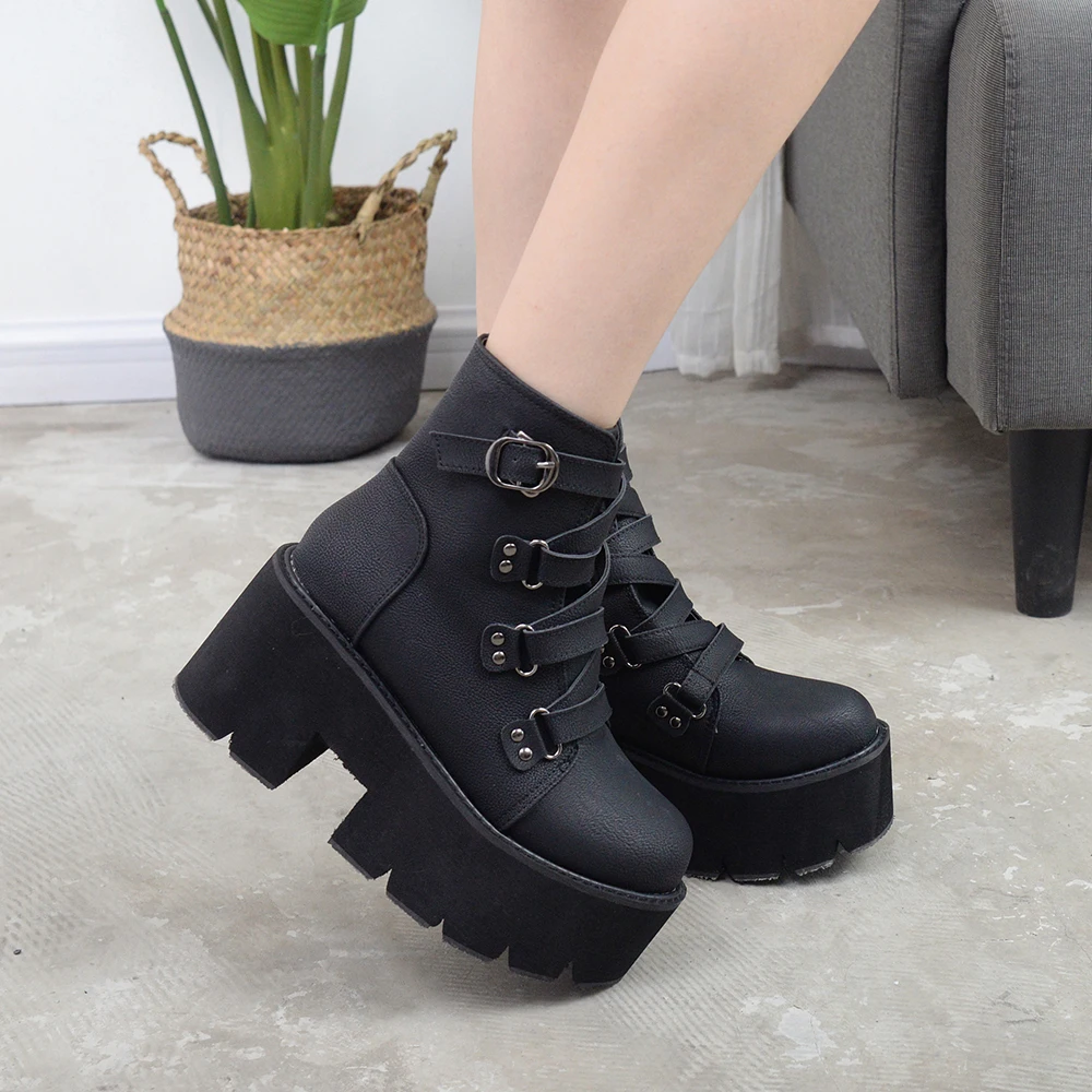 Gdgydh Women\'s Black Platform Boots Comfy Round Toe Buckle Strap Solid Color Chunky Heels Mid Calf Boots Gothic Style