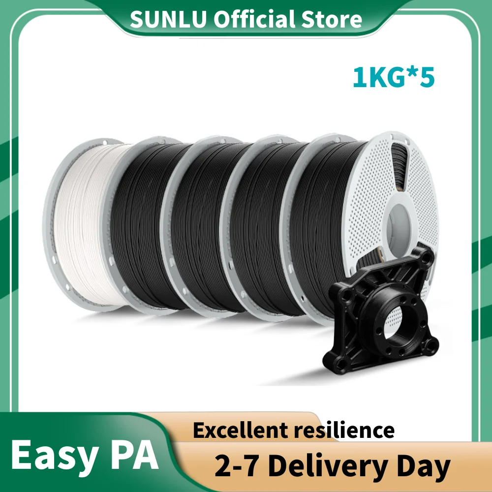 

SUNLU Easy PA 5 кг, черная нить для 3D-принтера 1,75 мм, 1 кг/350 м, высокая прочность, без деформации/трека, ± 0,03 мм, 100% линии нити аккуратно