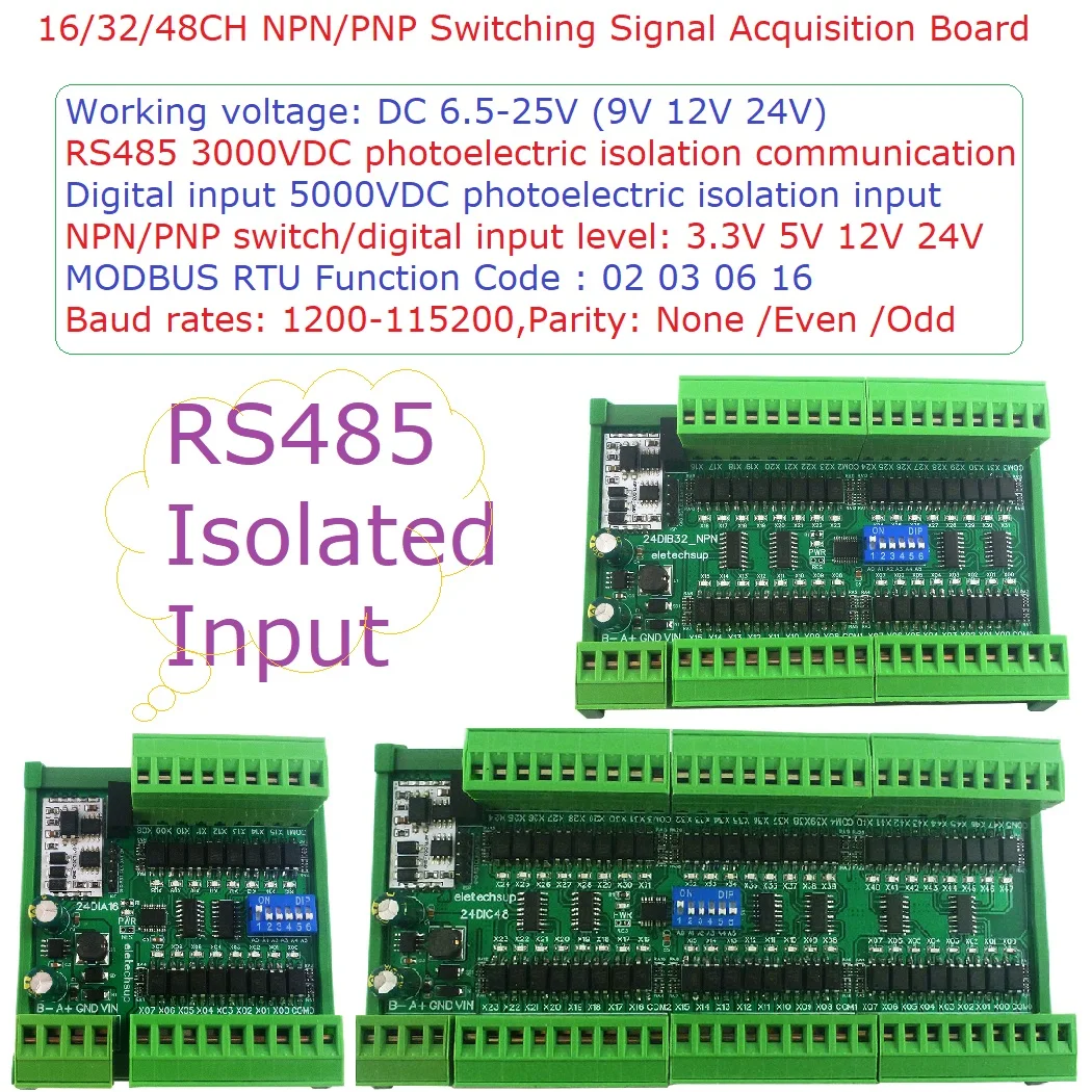 24DIA16/24DIB32/24DIC48 16-48CH Digital Input Module  NPN/PNP PLC IO Expansion Board with 3000VDC Isolation RS485 Modbus RTU