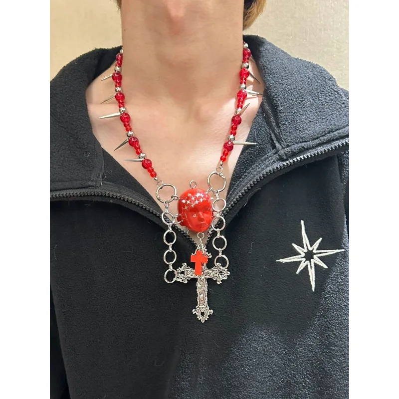 2025 New Punk Necklace Leather Choker Cross Metal Chain Rivet Human Face Dark Trendy Cool Neck Accessories for Women Men Jewelry