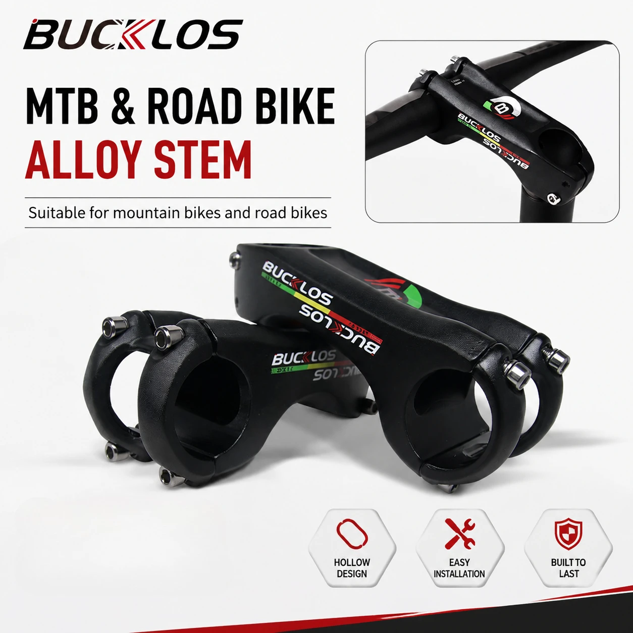BUCKLOS -17 Degree MTB Bike Stem Aluminum Alloy Handlebar Stem 80mm 100mm Hollow Design Bicycle Stem for Road Mountain Cycling
