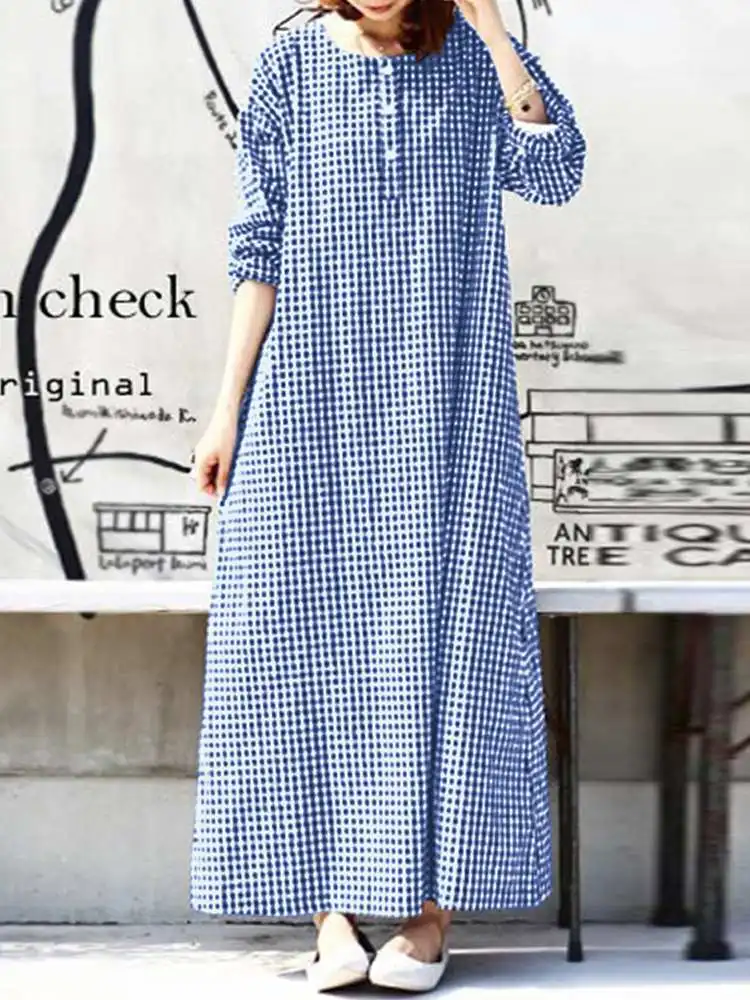 Women Autumn Dresses Vintage Check Maxi Dress ZANZEA 2023 Casual Long Sleeve Vestidos Female O Neck Plaid Robe Oversize Sundress