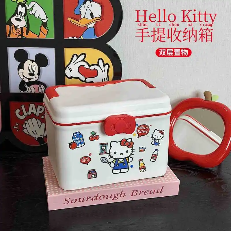Pudełko do przechowywania Hello Kitty, przenośne, dwuwarstwowe, z motywem kreskówkowym, wielofunkcyjne pudełko na leki, pyłoszczelne, do przechowywania na biurku.