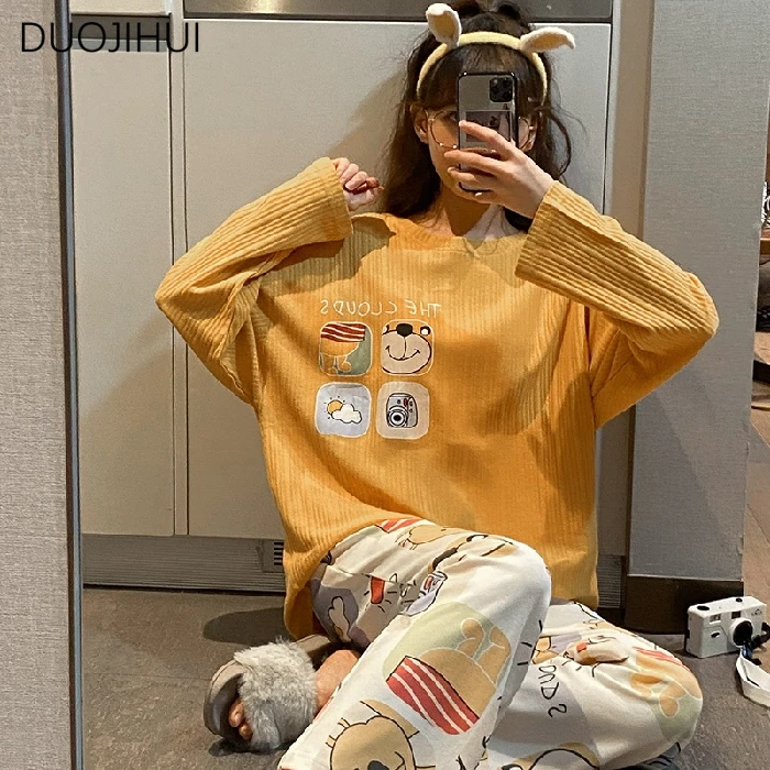 DUOJIHUI-Pyjama Deux Pièces pour Femme, Décontracté, Maison, Classique, Col Rond, Pull, Pantalon, Mode, Imprimé, Printemps