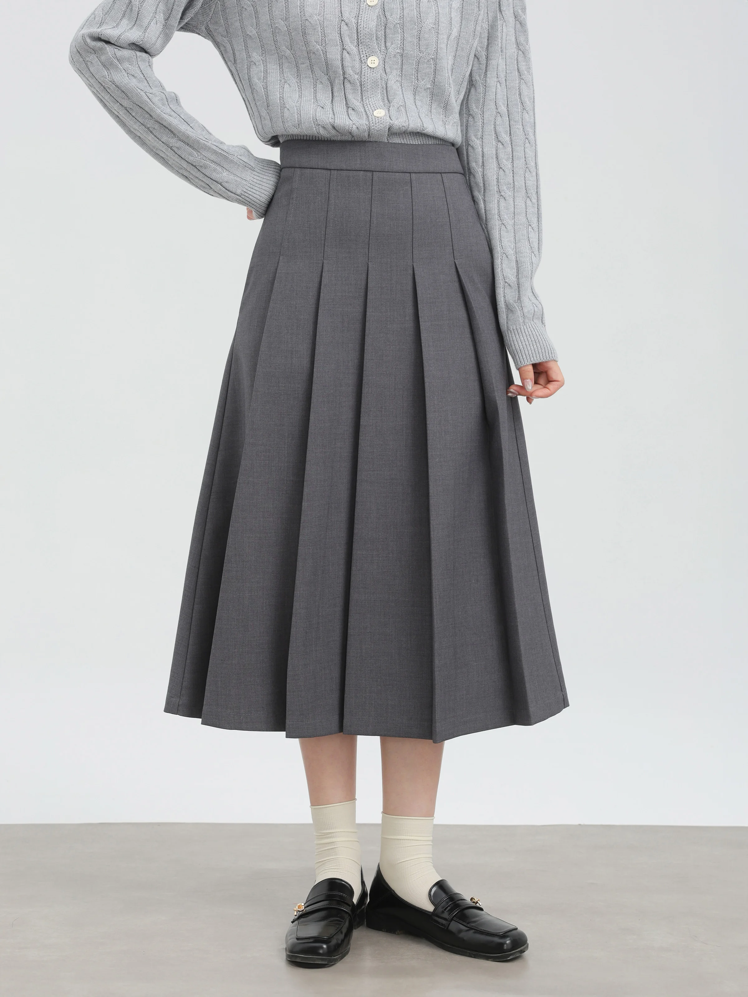 تنورة أنيقة عالية الخصر ذات ثنيات بقصة ضيقة على شكل حرف a تنورة ميدي للنساء تنورة غير رسمية للمكتب باللون الرمادي لملابس الخريف والشتاء الصغيرة