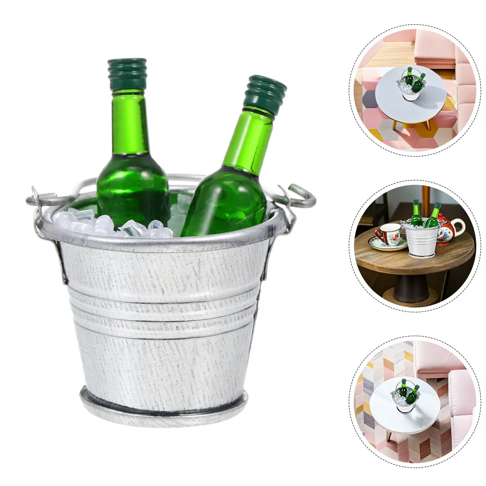 

1 Set Dollhouse Ice Bucket With Mini Wine Bottle Fake Ice Cubes For Fairy Garden Bar Decoration Pretend Accessory