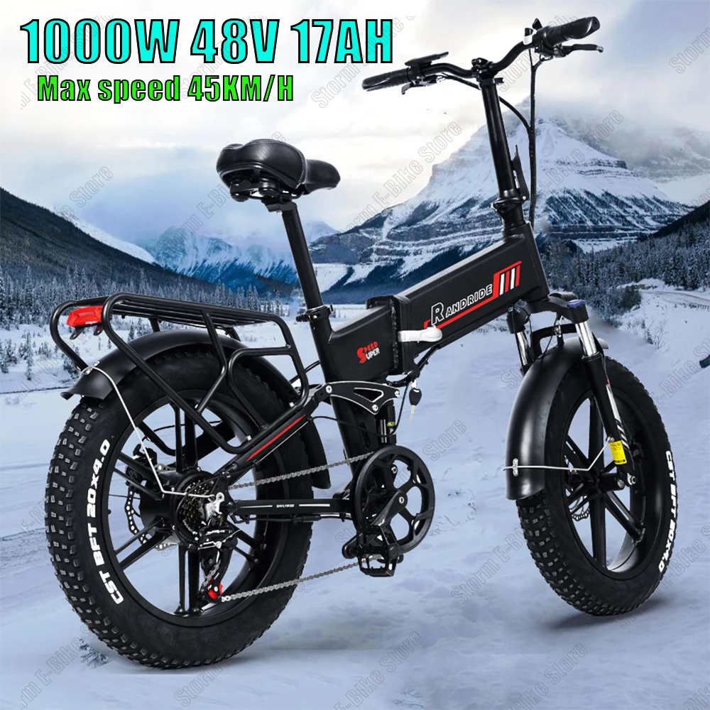 Mountain Electric Bike 1000W Motor 48V17AH Lithium battery 20*4.0 Tire Foldable Off-Road E-bicycle 45KM/H Portable Urban E-Bike