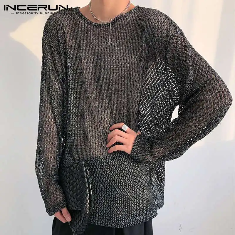 2023 Men T Shirt O-neck Mesh See Through Long Sleeve Sexy Streetwear Casual Camisetas Party Nightclub Tee Tops Men S-5XL INCERUN