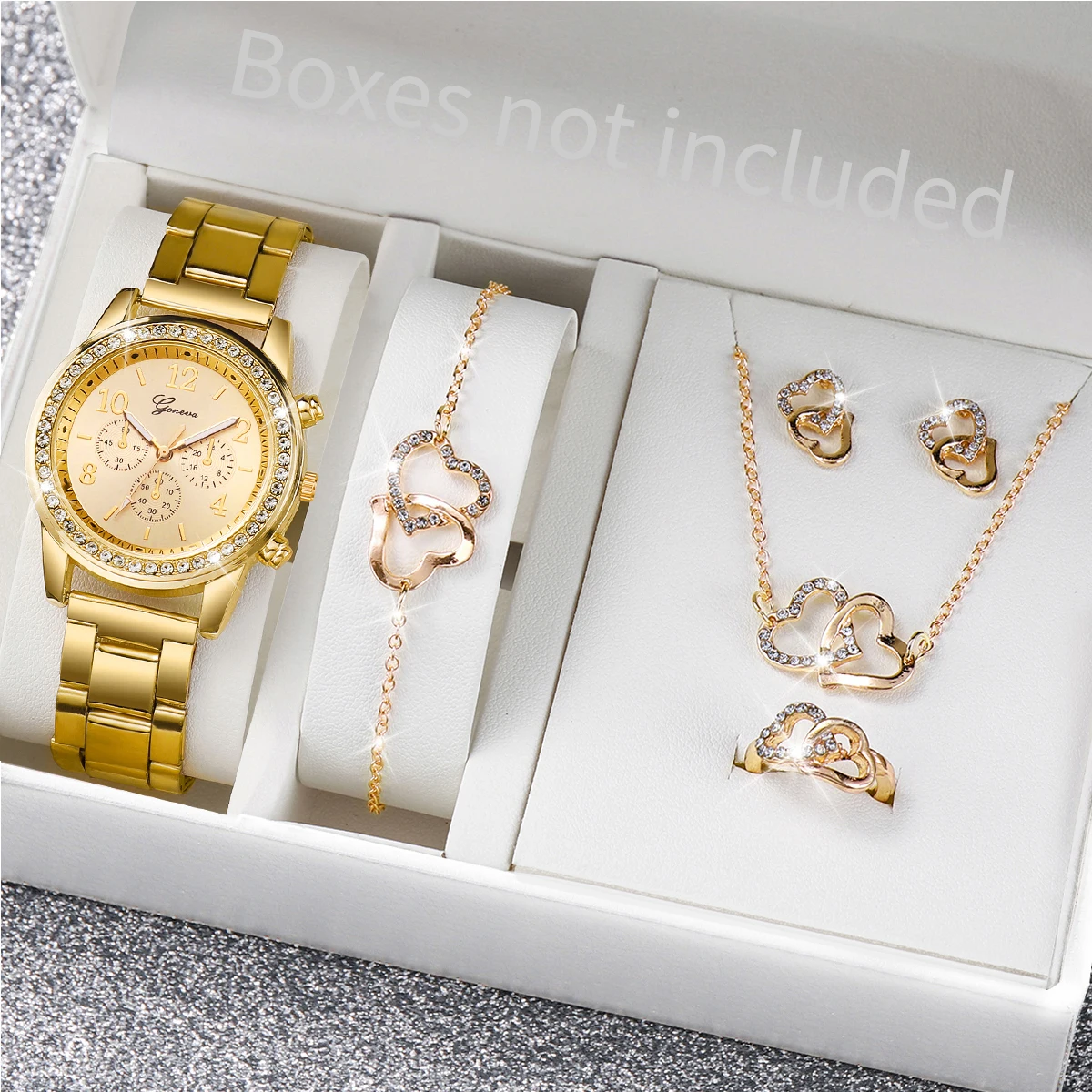 Women Rose Gold Rhinestone Bezel Watch + Double Heart Crystal Bracelet Necklace Earring Ring 5Pcs Jewelry Set
