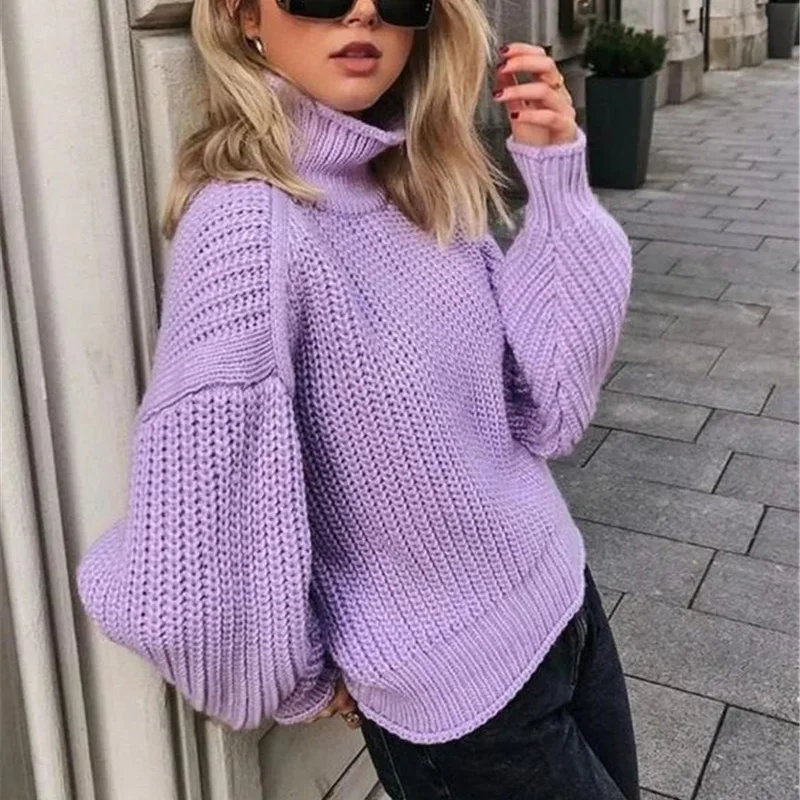 Suéter feminino roxo de gola alta, jumper solto casual, tops de malha de manga comprida, pulôver extragrande, outono inverno