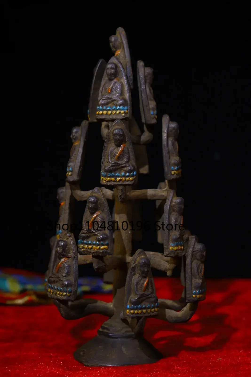 Bronze Engraved Painted Gem pagoda Statue of Sakyamuni Buddha tree stupa