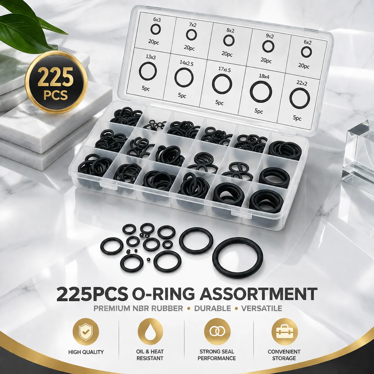 Multi Size NBR Nitrile Rubber O-ring Kit 225 Pieces CS 1-4mm OD 3-22mm Fuel Resistant Seal Repair Box