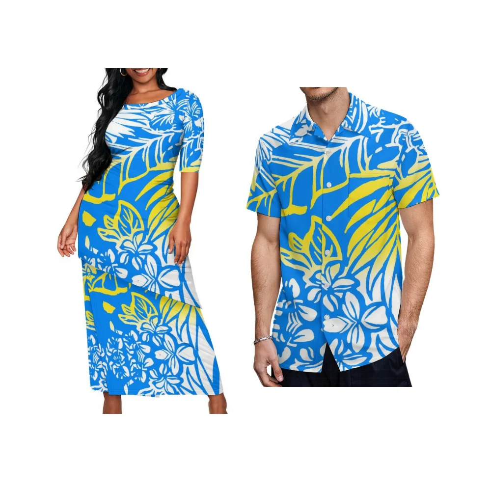 Conjunto de saia feminina de camada dupla com design de bainha inclinada de manga comprida e gola redonda em estilo Puletasi – Roupa de casal personalizada polinésia