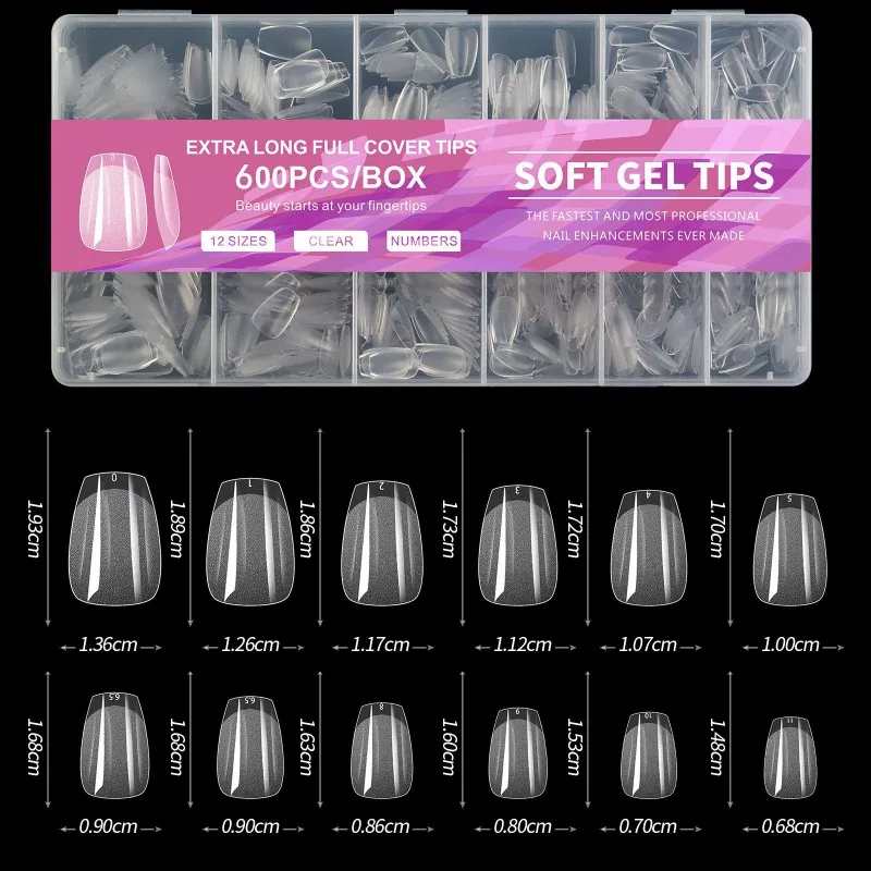 600 PCS Soft Gel X Nail Tips Supplies,Full Cover False for Acrylic Nails Gel,Extra Short Almond Tip Square Medium