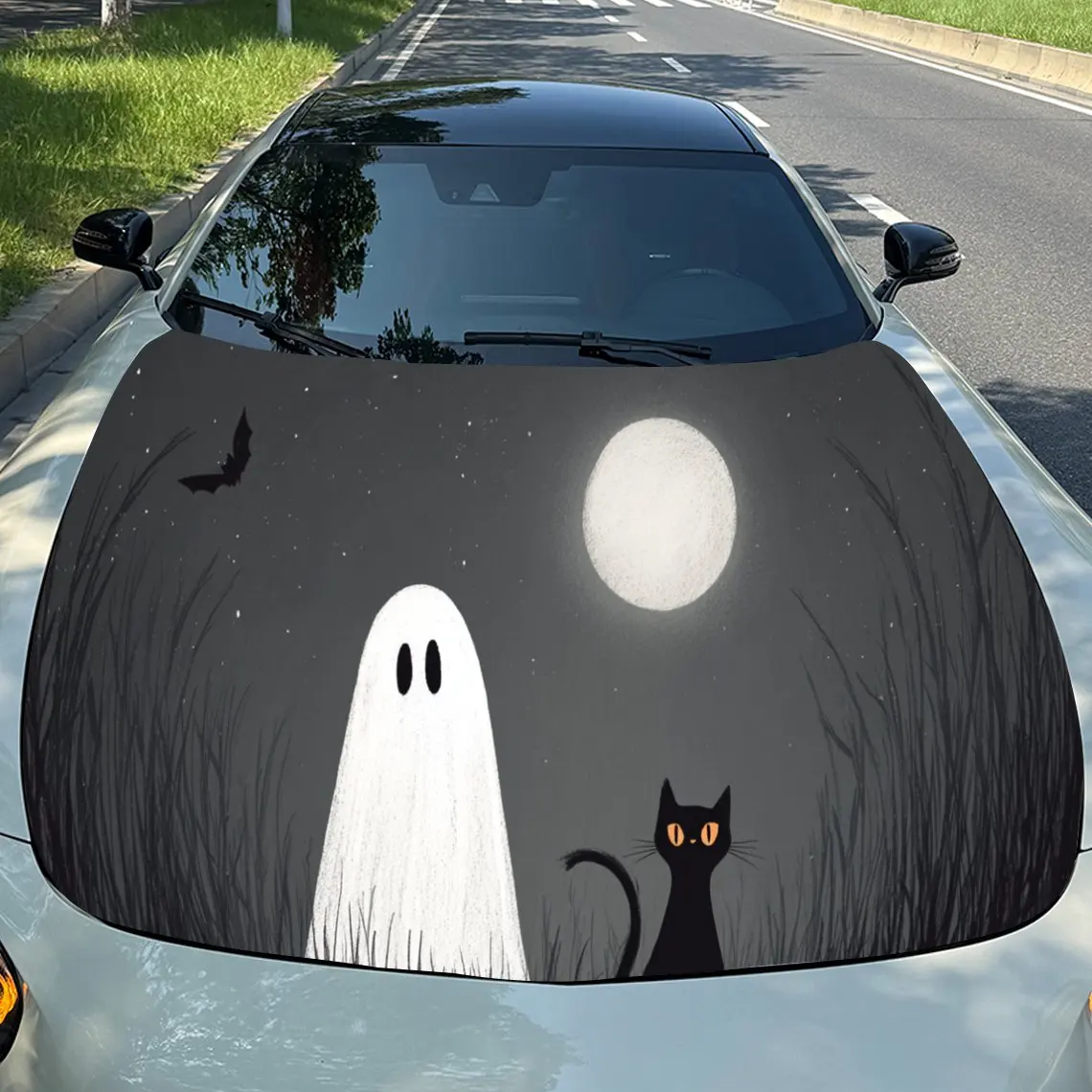 

Ghost and Black Cat Car Hood Stickers - Self-Adhesive, Waterproof and Durable Vinyl Wrap, Decorate And Protect Your Car, Fit For